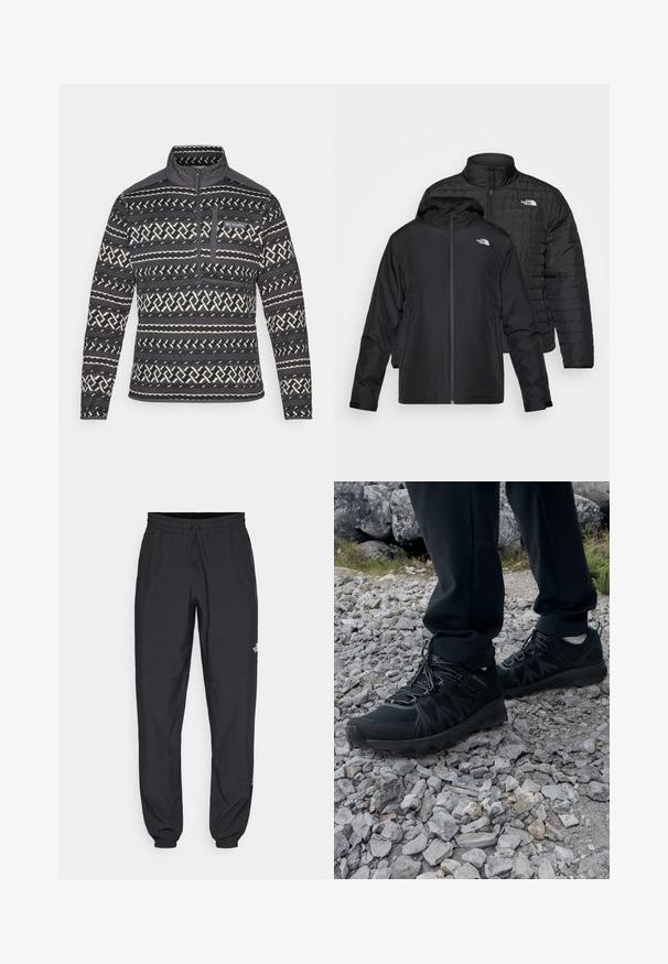 Due giacche nere impilate: una è una giacca imbottita e trapuntata con un colletto alto; l'altra è una giacca leggera con cappuccio e chiusura con zip.; Pullover in pile con motivo bianco e nero, con colletto a zip a quarto, dotato di tasca sul petto e superficie testurizzata. Logo del brand sul davanti.; Pantaloni sportivi neri realizzati in tessuto leggero, con vita regolabile con cordino, tasche laterali e orli affusolati alle caviglie.; Scarpe da esterni nere realizzate in mesh e materiale sintetico, con una parte superiore testurizzata, un sistema di allacciatura sicuro e una suola robusta, su terreno roccioso.
