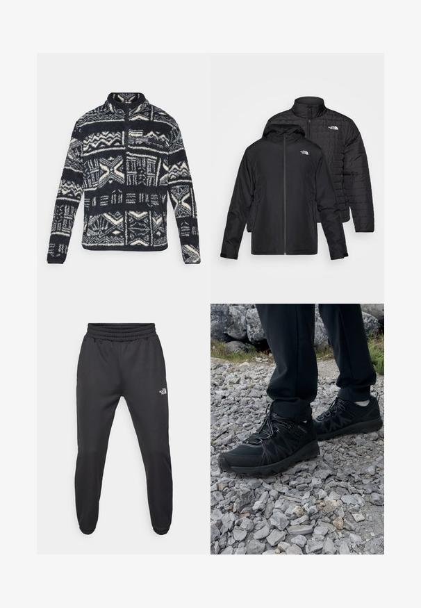 Kaksi mustaa takkia pinottuna: toinen on paksu, kirjailtu takki korkealla kauluksella; toinen on kevyt takki hupulla ja vetoketjulla.; Miestenský čierny a biely fleece pulóver s geometrickými vzormi, štvrť-zipsom vpredu, zipsovou hrudnou kapsou a logom Columbia na hrudi.; Mustat collegehousut, joissa on nauhakuomu vyötäröllä, kapeneva fit, elastiset hihansuut ja pieni valkoinen logo vasemmassa reidessä, valmistettu sileästä kankaasta.; Mustat ulkokengät, joissa on verkko- ja synteettinen materiaali, teksturoitu päällinen, varma nauhoitusjärjestelmä ja kestävä pohja kivikkoisella maastolla.