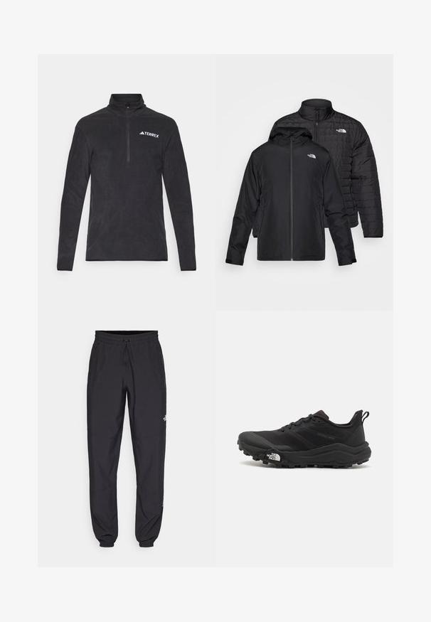 Dva črna jopiča naložena drug na drugega: en je puhasti, prešiti jopič z visokim ovratnikom; drugi je lahki jopič s kapuco in zadrgo.; Črna flis jakna z dvignjenim ovratnikom, četrtinskim zadrgo in logotipom TERREX na levem prsnem delu. Mehka tekstura in dolgi rokavi.; Črne atletske hlače iz lahkega materiala, ki imajo elastični pas z vezalko, stranske žepe in zožene manšete na gležnjih.; Črne tekaške čevlje za trail s teksturirano zgornjega dela, gumijastim podplatom in ojačanim zaključkom prstov. Vključuje oblazinjen ovratnik in zanko za enostavno obuvanje.