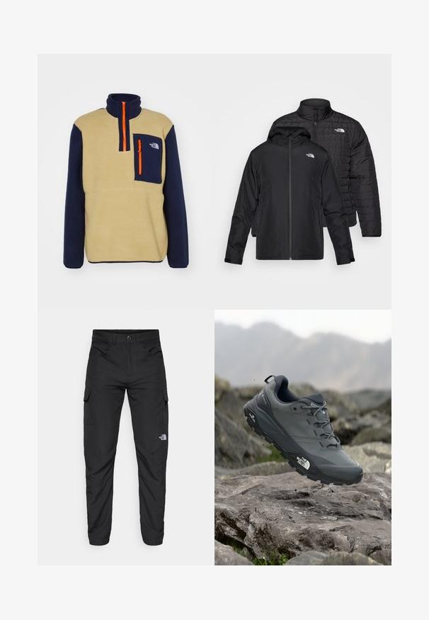 Du kartuotos juodos striukės: viena yra pūkinė, siuvinėta striukė su aukštu apykakle; kita yra lengva striukė su gobtuvu ir užtrauktuku.; The North Face YUMIORI 1/4 ZIP - Flisinis džemperis - khaki stone/summit navy; The North Face HORIZON PANT - Lauko kelnės - black; Pilkas bėgimo batelis su tekstūruota viršutine dalimi, tvirtu guminio pado ir sustiprinta nosimi. Turi raištelius ir prekės ženklo logotipą šone.