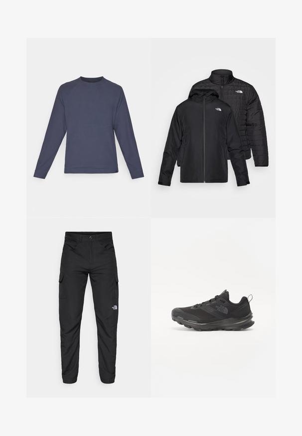 Dva črna jopiča naložena drug na drugega: en je puhasti, prešiti jopič z visokim ovratnikom; drugi je lahki jopič s kapuco in zadrgo.; Temno modra dolgosleevna dukserica s krožnim izrezom, raglan rokavi in gladka tekstura. Značilna je šivna podrobnost čez prsa.; The North Face HORIZON PANT - Hlače za na prostem - black; Črne športne čevlje z mrežastim zgornjim delom, gumijastim podplatom in oblazinjenim ovratnikom. Imajo vezalke, logo na strani in strukturiran dizajn.