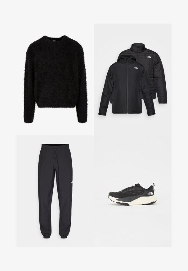 Two black jackets stacked: one is a puffy, quilted jacket with a high collar; the other is a lightweight jacket with a hood and zip closure.; Black fuzzy sweater, round neck, long sleeves, soft texture, relaxed fit, minimal seams, no visible fasteners or patterns.; Black athletic pants made from lightweight fabric, featuring a drawstring waistband, side pockets, and tapered cuffs at the ankles.; Black athletic shoe with textured mesh upper, solid black accents, and white lightweight outsole. Features lace-up closure and pull tab.