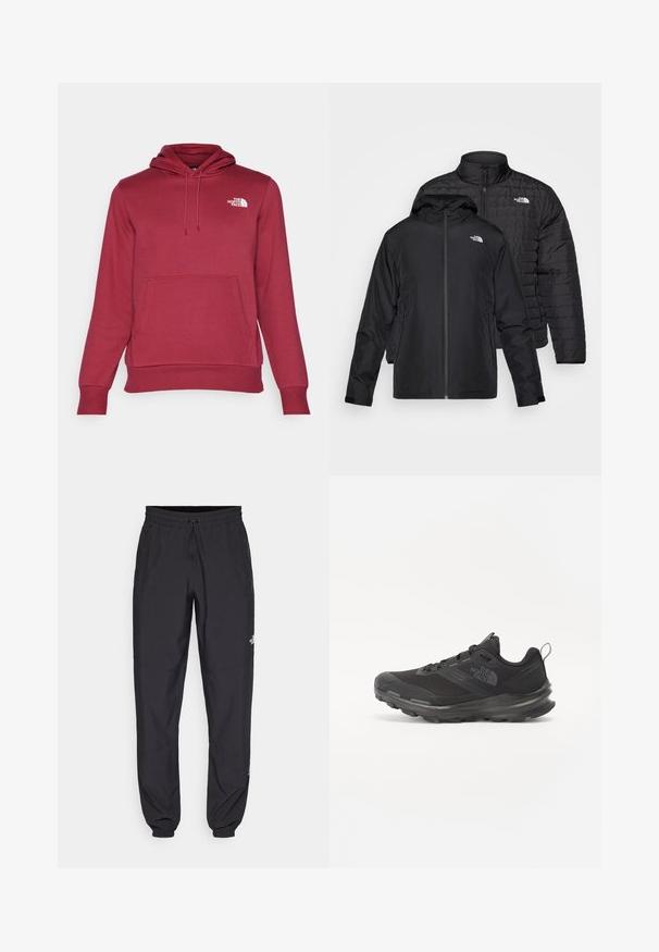 Dwie czarne kurtki ułożone jedna na drugiej: jedna to puchowa, pikowana kurtka z wysokim kołnierzem; druga to lekka kurtka z kapturem i zapięciem na zamek.; The North Face - Bluza z kapturem; Czarne spodenki sportowe wykonane z lekkiego materiału, z elastycznym pasem na sznurek, bocznymi kieszeniami i zwężanymi mankietami przy kostkach.; Czarne buty sportowe z siateczkowym wierzchem, gumową podeszwą i wyściełanym kołnierzem. Posiadają sznurówki, logo z boku oraz teksturowany wzór.
