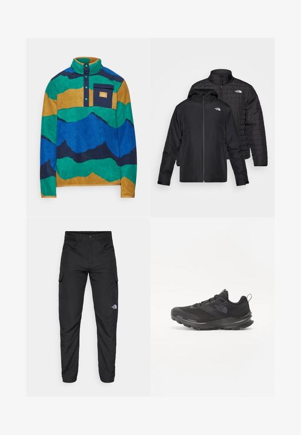 Zwei schwarze Jacken übereinander gestapelt: Eine ist eine gepolsterte, gesteppte Jacke mit hohem Kragen; die andere ist eine leichte Jacke mit Kapuze und Reißverschluss.; Helly Hansen MARIDALEN FLEECE - Fleecepullover - emerald; The North Face HORIZON PANT - Outdoor-Hose - black; Schwarzer Sportschuh mit Mesh-Obermaterial, Gummisohle und gepolstertem Schaft. Verfügt über Schnürsenkel, Logo an der Seite und ein strukturiertes Design.