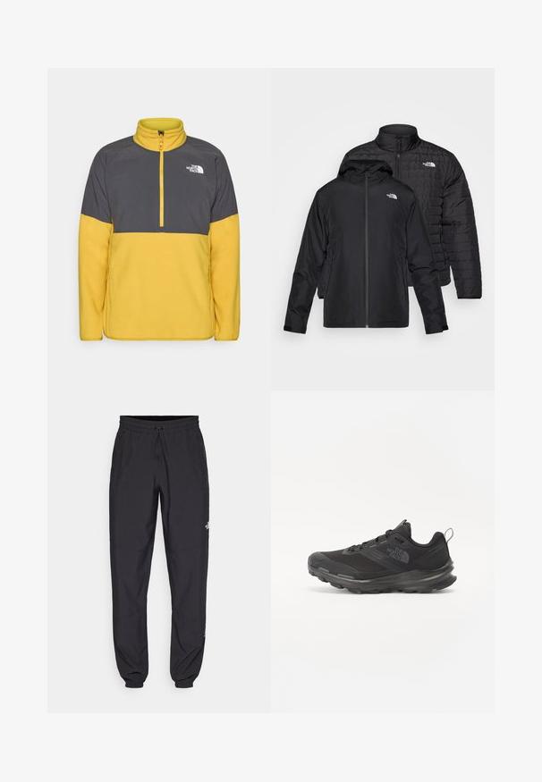 Dva črna jopiča naložena drug na drugega: en je puhasti, prešiti jopič z visokim ovratnikom; drugi je lahki jopič s kapuco in zadrgo.; Fleece pulover v sivi in rumeni barvi, z visokim ovratnikom, polovičnim zadrgo in logotipom na prsih. Mehka tekstura z mrežnim vzorcem.; Črne atletske hlače iz lahkega materiala, ki imajo elastični pas z vezalko, stranske žepe in zožene manšete na gležnjih.; Črne športne čevlje z mrežastim zgornjim delom, gumijastim podplatom in oblazinjenim ovratnikom. Imajo vezalke, logo na strani in strukturiran dizajn.