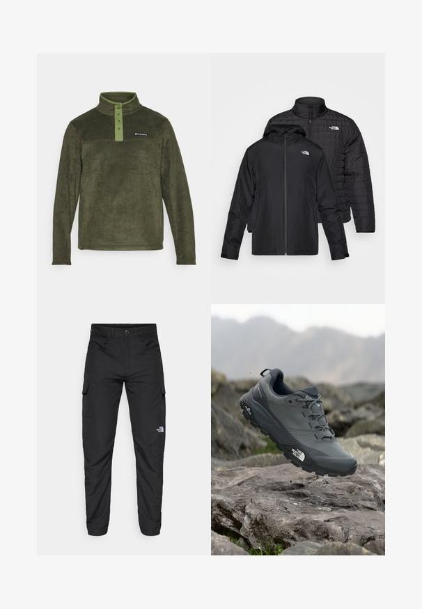 Due giacche nere impilate: una è una giacca imbottita e trapuntata con un colletto alto; l'altra è una giacca leggera con cappuccio e chiusura con zip.; Columbia STEENS MOUNTAIN™ HALF SNAP - Felpa in pile - greenscape/canteen; The North Face HORIZON PANT - Pantaloni outdoor - black; Scarpa da trail running grigia con tomaia testurizzata, suola in gomma resistente e punta rinforzata. Presenta lacci e logo del marchio sul lato.