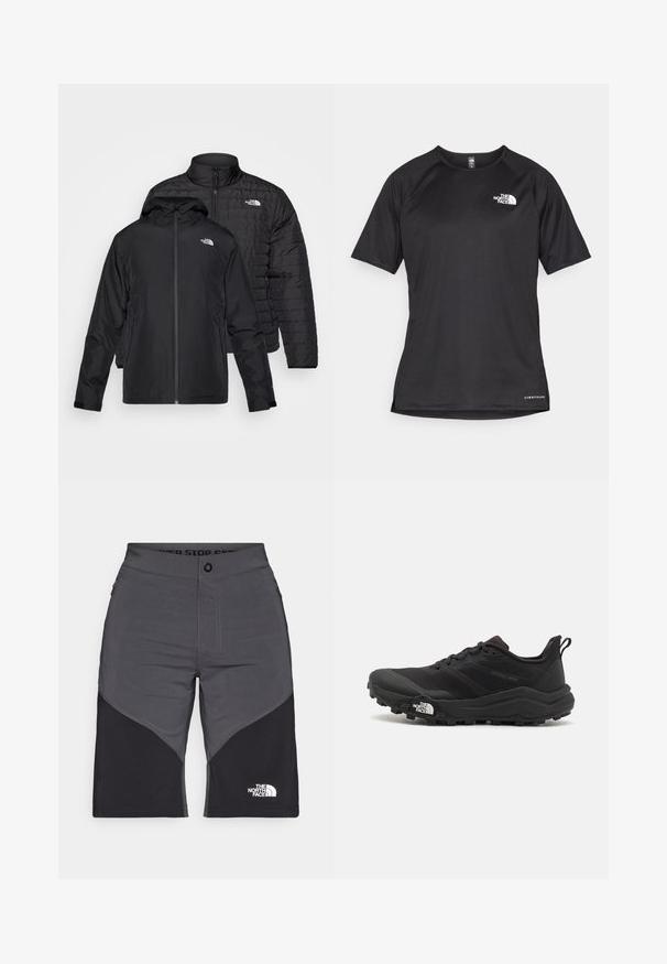 Divi melni mēteļi salikti viens uz otra: viens ir pūkains, pārklāts mētelis ar augstu apkakli; otrs ir viegls mētelis ar kapuci un rāvējslēdzēju.; Melna sporta krekla īsām piedurknēm ar strukturētu audumu, kas ir ar baltu logotipu kreisajā krūtīs un taisnu apakšmalu.; Pelēki un melni šorti ar paneļu dizainu, priekšējo pogu aizdari un The North Face logotipu. Izgatavoti no viegla, izturīga auduma.; Melnas taku skriešanas kurpes ar teksturētu virsu, gumijas zoli un pastiprinātu pirkstu daļu. Aprīkotas ar mīkstu apkakli un vilkšanas cilpu, lai viegli uzvilktu.