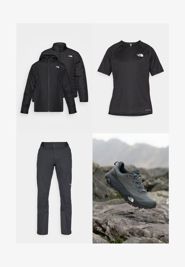 Kaks musta jope üksteise peal: üks on paks, tikitud jakk kõrge kraega; teine on kerge jakk kapuutsi ja lukuga.; Must mustreening, lühikeste varrukatega sportpoliis, millel on tekstuuriga kangas, valge logo vasakul rinnal ja sirge äär.; Berghaus RIDGE ROAMER - Õuepüksid - black; Hallhalli jooksukingad halli värvi, tekstureeritud ülemise osaga, vastupidava kummist tallaga ja tugevdatud varvaste kattega. Omab paelu ja kaubamärgi logo küljel.