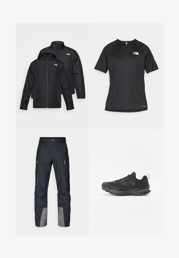 Duas jaquetas pretas empilhadas: uma é uma jaqueta acolchoada e volumosa com colarinho alto; a outra é uma jaqueta leve com capuz e fecho de zip.; Camisa atlética preta de manga curta com um tecido texturizado, apresentando um logotipo branco no peito esquerdo e uma bainha reta.; Calças pretas de exterior com corte reto, apresentando bolsos laterais, detalhes cinzentos nas pernas inferiores e um tecido durável. Design à prova de água.; Sapatilha atlética preta com parte superior em malha, sola de borracha e colarinho almofadado. Apresenta atacadores, logótipo de lado e um design texturizado.