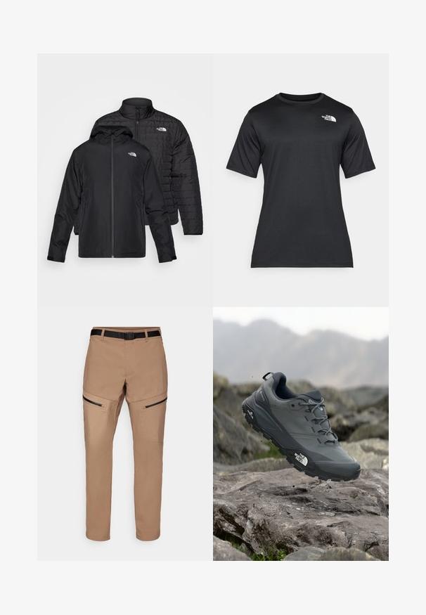 Két fekete dzseki egymásra rakva: az egyik egy puffadt, steppelt dzseki magas gallérral; a másik egy könnyű dzseki kapucnival és cipzárral.; Fekete, rövid ujjú póló, könnyű, nedvességelvezető anyagból készült. Bal oldalon fehér logóval rendelkezik, és kerek nyakú.; Beige túrázó nadrág egyenes szabással, cipzáras oldalsó zsebekkel, tartós anyagból készült, és a deréknál állítható fekete övvel.; Szürke terepfutó cipő, texturált felsőrésszel, tartós gumitalppal és megerősített orr résszel. Fekete fűzők és márka logó a cipő oldalán.