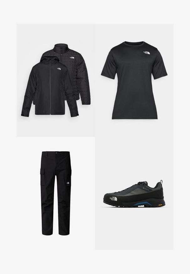Két fekete dzseki egymásra rakva: az egyik egy puffadt, steppelt dzseki magas gallérral; a másik egy könnyű dzseki kapucnival és cipzárral.; Fekete, rövid ujjú póló, könnyű, nedvességelvezető anyagból készült. Bal oldalon fehér logóval rendelkezik, és kerek nyakú.; Fekete cargo nadrág, tartós anyagból készült, több oldalzsebbel, gombos zárással és egy kis logóval a combján.; The North Face VERTO ALPINE GORE TEX - Túracipők - asphalt grey/tnf black
