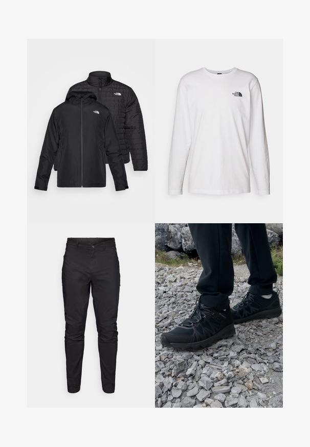 Kaksi mustaa takkia pinottuna: toinen on paksu, kirjailtu takki korkealla kauluksella; toinen on kevyt takki hupulla ja vetoketjulla.; Valkoinen pitkähihaisen T-paita, joka on valmistettu puuvillasta ja jossa on pyöreä kaula-aukko. Rintamuksessa on pieni musta logo. Sileä kangas, normaali malli.; Mustat kapenevat housut, jotka on valmistettu kevyestä kankaasta, jossa on sileä textura. Housuissa on vetoketjullinen tasku ja turvallinen vyötärö.; Mustat ulkokengät, joissa on verkko- ja synteettinen materiaali, teksturoitu päällinen, varma nauhoitusjärjestelmä ja kestävä pohja kivikkoisella maastolla.