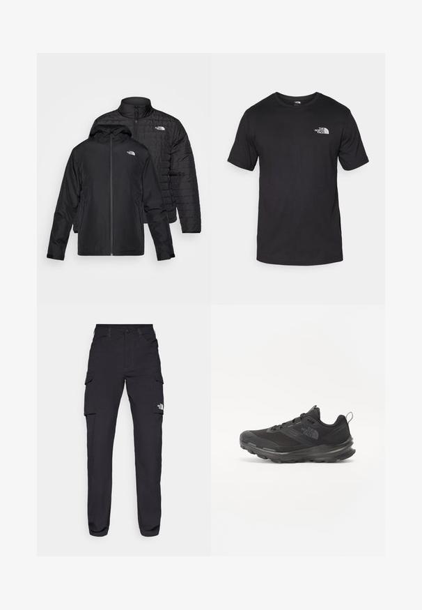 Du kartuotos juodos striukės: viena yra pūkinė, siuvinėta striukė su aukštu apykakle; kita yra lengva striukė su gobtuvu ir užtrauktuku.; Juodas trumpas rankovės marškinėliai, pagaminti iš medvilnės, su apvaliu kaklu ir mažu baltu logotipu viršutiniame kairiajame krūtinės kampe.; Juodi cargo kelnės tiesiomis kojomis, pagamintos iš tvirto audinio. Turi kelis kišenes ir logotipą kairėje šlaunyje.; Juodos sportinės bateliai su tinklelio viršumi, guminiais padu ir paminkštintu apykakle. Yra raišteliai, logotipas šone ir tekstūruotas dizainas.