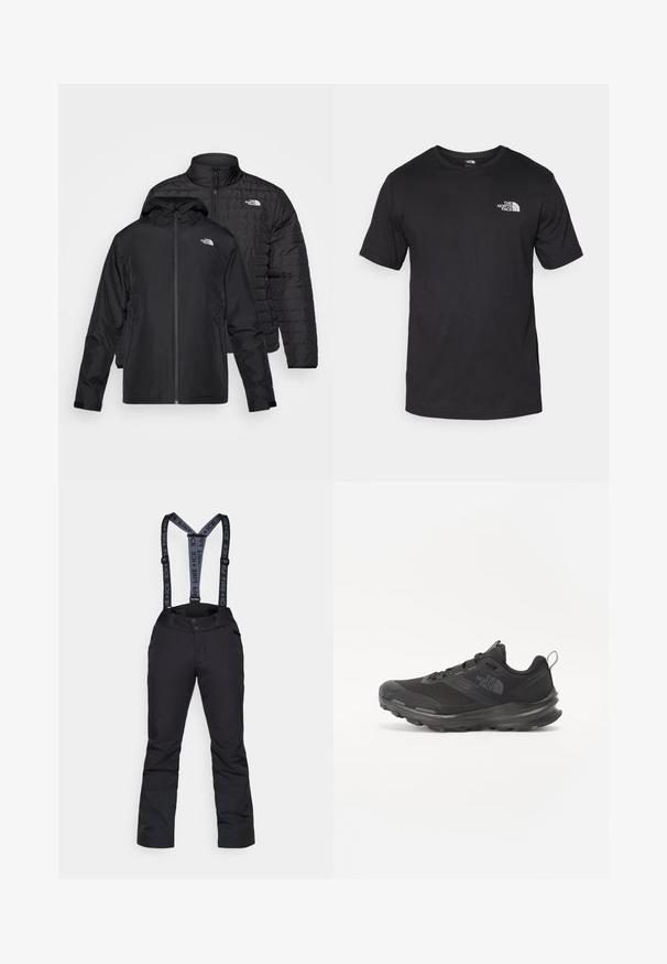 Twee zwarte jassen gestapeld: de ene is een puffy, gewatteerde jas met een hoge kraag; de andere is een lichtgewicht jas met een capuchon en ritssluiting.; Zwarte T-shirt met korte mouwen van katoen, voorzien van een ronde halslijn en een klein wit logo op de bovenste linkerkant van de borst.; Zwarte sneeuwbroeken met verstelbare grijze bretels, met een gladde textuur, ritszakken en verstevigde panelen op de onderbenen.; Zwarte sportieve sneaker met een bovenkant van mesh, rubberen zool en een zachte kraag. Voorzien van veters, een logo op de zijkant en een gestructureerd ontwerp.