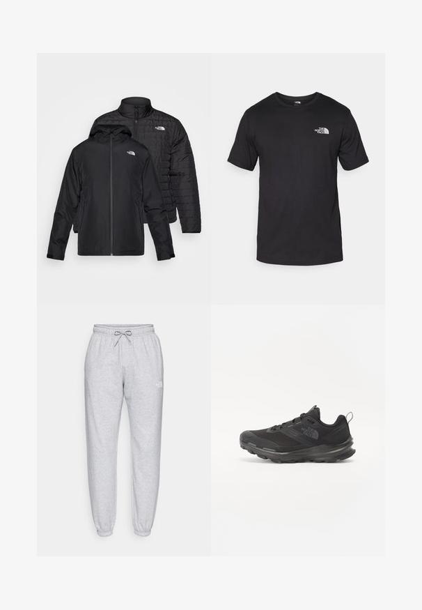 Dva crna sakoa jedan na drugom: jedan je pocepan, prešani sakou s visokim ovratnikom; drugi je lagani sakou s kapuljačom i zatvaračem.; Crna majica kratkih rukava od pamuka, s okruglim izrezom i malim bijelim logotipom na gornjem lijevom dijelu prsnog koša.; Svijetlosive trenirke s elastičnom trakom u struku i špagu. Manžetni na gležnjevima i suptilno obilježavanje na gornjem dijelu nogu. Izrađene od mekog materijala.; Crne sportske tenisice s mrežastim gornjim dijelom, gumiranom potplatom i podstavljenim rubom. Imaju vezice, logo sa strane i teksturirani dizajn.