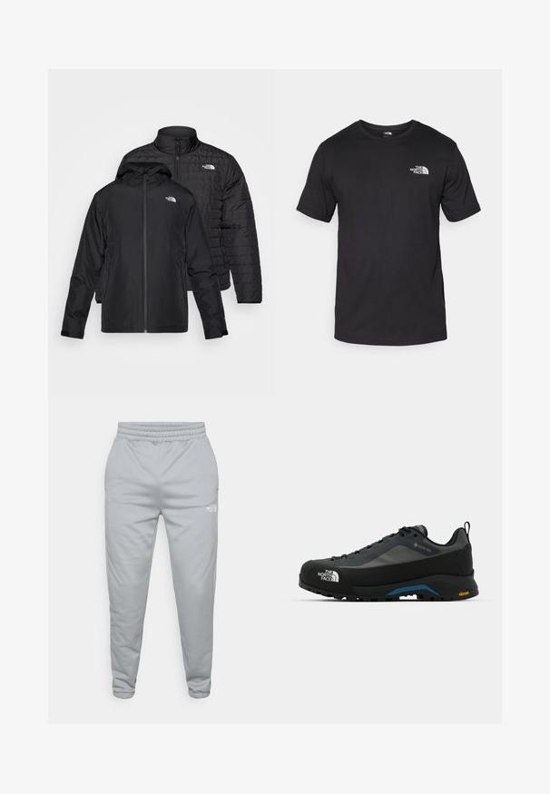 Twee zwarte jassen gestapeld: de ene is een puffy, gewatteerde jas met een hoge kraag; de andere is een lichtgewicht jas met een capuchon en ritssluiting.; Zwarte T-shirt met korte mouwen van katoen, voorzien van een ronde halslijn en een klein wit logo op de bovenste linkerkant van de borst.; Lichtgrijze joggingsbroek met een elastische tailleband en cuffs bij de enkels. Beschikt over een klein wit logo aan de onderzijde. Gelaagd materiaal.; The North Face VERTO ALPINE GORE TEX - Outdoorschoenen - asphalt grey/tnf black