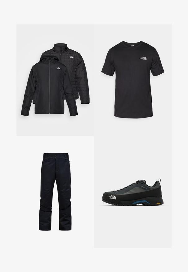 Kaks musta jope üksteise peal: üks on paks, tikitud jakk kõrge kraega; teine on kerge jakk kapuutsi ja lukuga.; Must have lühikeste varrukatega must T-särk, mis on valmistatud puuvillast, ümmarguse kaelusega ja väikese valge logoga vasakus ülanurgas.; Mustad veekindlad püksid sirge lõikega, kahe nööbi sulgemisega, tõmblukuga taskud ja reguleeritav vöökoht. Omab sujuvat, vastupidavat kangast.; The North Face VERTO ALPINE GORE TEX - Matkajalatsid - asphalt grey/tnf black
