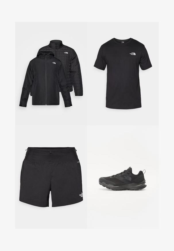 Δύο μαύρα μπουφάν τοποθετημένα το ένα πάνω από το άλλο: το ένα είναι ένα φουσκωτό, καπιτονέ μπουφάν με ψηλό γιακά, ενώ το άλλο είναι ένα ελαφρύ μπουφάν με κουκούλα και φερμουάρ.; Μαύρη κοντομάνικη μπλούζα φτιαγμένη από βαμβάκι, με στρογγυλή λαιμόκοψη και μικρό λευκό λογότυπο στην άνω αριστερή περιοχή του στήθους.; Μαύρες αθλητικές βερμούδες με υφή από ραβδωτό ύφασμα. Διαθέτουν ελαστική μέση και λογότυπο σε λευκό στη χαμηλή δεξιά πλευρά.; Μαύρο αθλητικό παπούτσι με διαπνέον επάνω μέρος από πλέγμα, ελαστική σόλα και μαλακή επένδυση στον αστράγαλο. Διαθέτει κορδόνια, λογότυπο στο πλάι και υφή στο σχέδιο.