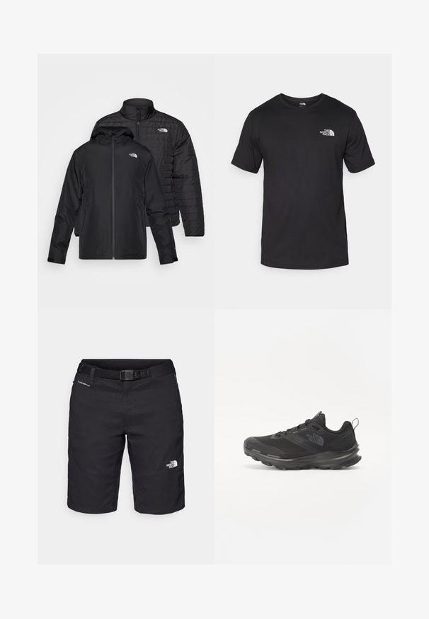 Kaksi mustaa takkia pinottuna: toinen on paksu, kirjailtu takki korkealla kauluksella; toinen on kevyt takki hupulla ja vetoketjulla.; Mustat lyhythihaiset t-paidat, jotka on valmistettu puuvillasta. paidassa on pyöreä pääntie ja pieni valkoinen logo vasemmassa ylärintataskussa.; Mustat vaellushousut, jotka on valmistettu kevyestä materiaalista ja joissa on vyö, ompeluyksityiskohtia sekä logo oikeassa lahkeessa.; Musta urheilujalkine, jossa on verkko päällinen, kumipohja ja pehmustettu varsi. Varusteena nauhat, logo sivussa ja teksturoitu kuvio.