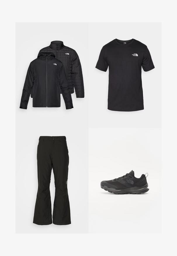 Δύο μαύρα μπουφάν τοποθετημένα το ένα πάνω από το άλλο: το ένα είναι ένα φουσκωτό, καπιτονέ μπουφάν με ψηλό γιακά, ενώ το άλλο είναι ένα ελαφρύ μπουφάν με κουκούλα και φερμουάρ.; Μαύρη κοντομάνικη μπλούζα φτιαγμένη από βαμβάκι, με στρογγυλή λαιμόκοψη και μικρό λευκό λογότυπο στην άνω αριστερή περιοχή του στήθους.; Μαύρο, αδιάβροχο σκι παντελόνι με σχέδιο ίσιας γραμμής, δύο πλαϊνές τσέπες και ενισχυμένα κάτω τελειώματα για ανθεκτικότητα. Περιλαμβάνει ρυθμιζόμενη μέση.; Μαύρο αθλητικό παπούτσι με διαπνέον επάνω μέρος από πλέγμα, ελαστική σόλα και μαλακή επένδυση στον αστράγαλο. Διαθέτει κορδόνια, λογότυπο στο πλάι και υφή στο σχέδιο.