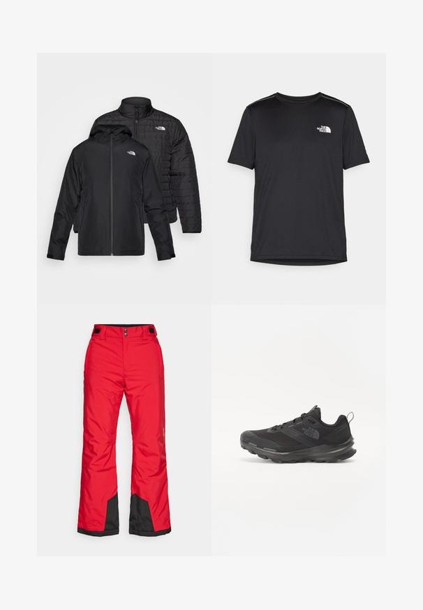 Twee zwarte jassen gestapeld: de ene is een puffy, gewatteerde jas met een hoge kraag; de andere is een lichtgewicht jas met een capuchon en ritssluiting.; Zwarte T-shirt met korte mouwen, gemaakt van lichtgewicht stof. Bevat een klein wit logo op de linkerborst en verfijnde schouderaccenten.; Rode waterdichte skibroek met een zwart onderpaneel, verstelbare taille en twee zijzakken; gemaakt van een glad, duurzaam materiaal.; Zwarte sportieve sneaker met een bovenkant van mesh, rubberen zool en een zachte kraag. Voorzien van veters, een logo op de zijkant en een gestructureerd ontwerp.