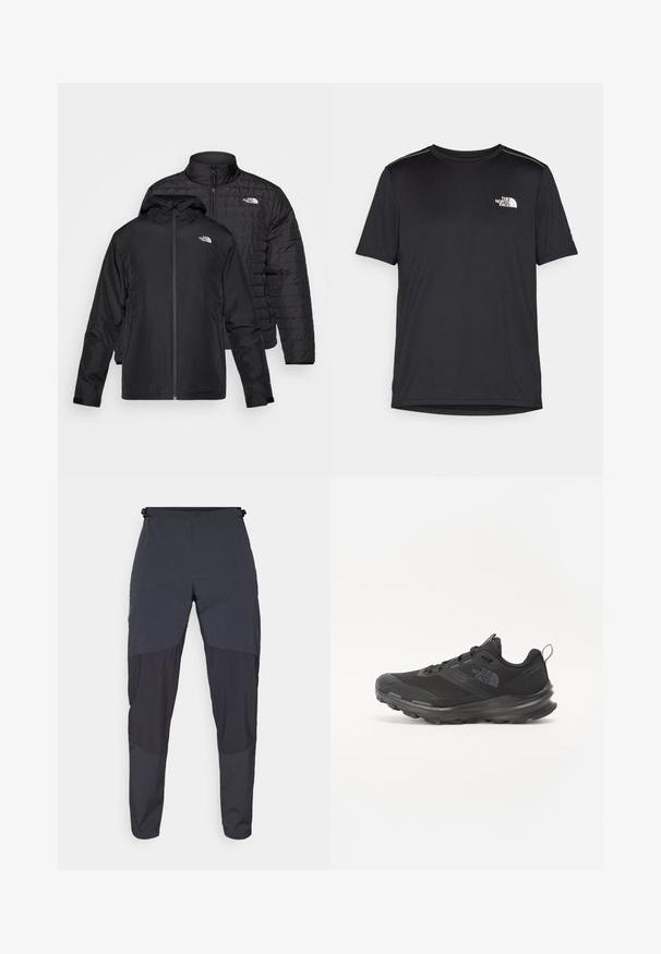 Divi melni mēteļi salikti viens uz otra: viens ir pūkains, pārklāts mētelis ar augstu apkakli; otrs ir viegls mētelis ar kapuci un rāvējslēdzēju.; Melnas īsām piedurknēm T-kreklas, izgatavots no viegla auduma. Uz kreisā krūtīm ir neliels balts logo un smalki plecu akcenti.; Tumši pelēki āra bikses ar daļēji gaišāku pelēku apakšējo daļu, ar pogu aizdari, jostas cilpām un gludu tekstūru.; Melnas sporta kurpes ar sietu virsu, gumijas zoli un mīkstinātu apkakli. Satur šņores, logotipu sānos un strukturētu dizainu.