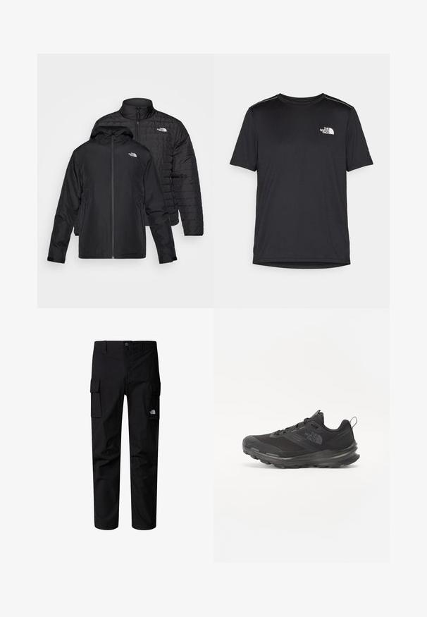Twee zwarte jassen gestapeld: de ene is een puffy, gewatteerde jas met een hoge kraag; de andere is een lichtgewicht jas met een capuchon en ritssluiting.; Zwarte T-shirt met korte mouwen, gemaakt van lichtgewicht stof. Bevat een klein wit logo op de linkerborst en verfijnde schouderaccenten.; Zwarte cargobroek van duurzaam materiaal, met meerdere zijzakken, een knoopsluiting en een klein logo op de dij.; Zwarte sportieve sneaker met een bovenkant van mesh, rubberen zool en een zachte kraag. Voorzien van veters, een logo op de zijkant en een gestructureerd ontwerp.