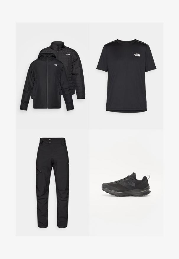 Two black jackets stacked: one is a puffy, quilted jacket with a high collar; the other is a lightweight jacket with a hood and zip closure.; Black short-sleeve T-shirt made from lightweight fabric. Features a small white logo on the left chest and subtle shoulder accents.; Black outdoor pants made from a durable, lightweight material. Features a zippered pocket on the left thigh and a two-button waistband.; Black athletic shoe with mesh upper, rubber outsole, and padded collar. Features laces, logo on the side, and a textured design.