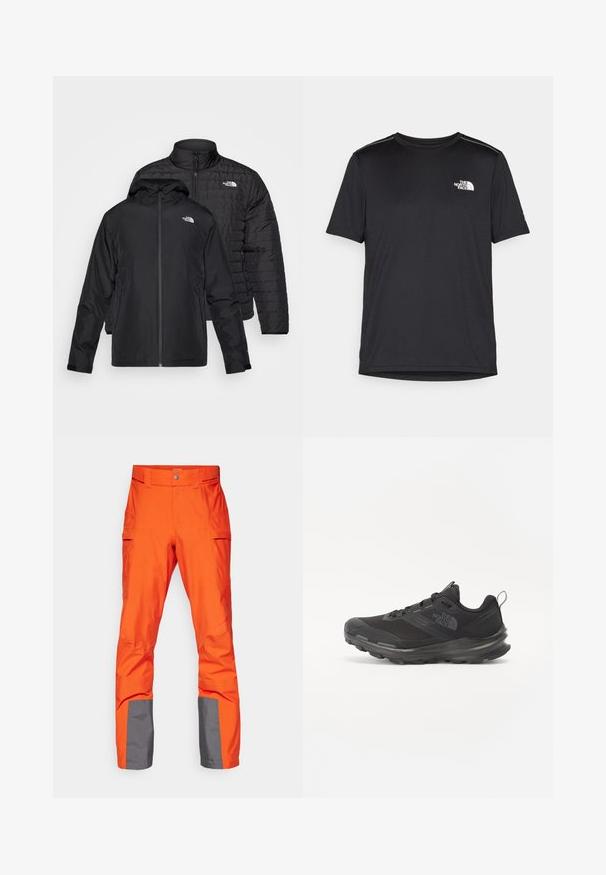 Duas jaquetas pretas empilhadas: uma é uma jaqueta acolchoada e volumosa com colarinho alto; a outra é uma jaqueta leve com capuz e fecho de zip.; T-shirt preto de manga curta feito de um tecido leve. Apresenta um pequeno logo branco ao lado esquerdo do peito e detalhes subtis nos ombros.; Calças impermeáveis laranja brilhante com detalhes cinzas nas bainhas, apresentando uma cintura lisa e vários bolsos laterais. Textura suave.; Sapatilha atlética preta com parte superior em malha, sola de borracha e colarinho almofadado. Apresenta atacadores, logótipo de lado e um design texturizado.