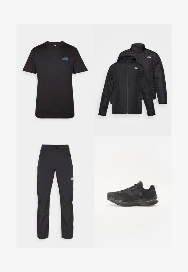 Dos chaquetas negras apiladas: una es una chaqueta acolchada y de plumón con un cuello alto; la otra es una chaqueta ligera con capucha y cierre de cremallera.; Camiseta de algodón negra, cuello redondo, mangas cortas. Presenta un pequeño logo turquesa en el lado izquierdo del pecho. Textura suave, corte estándar.; Pantalones exteriores negros con un bolsillo frontal con cremallera, material sintético, piernas ajustadas y paneles de rodilla reforzados. Cuenta con un cierre de botón.; Zapatilla deportiva negra con parte superior de malla, suela de goma y cuello acolchado. Cuenta con cordones, logotipo en el lateral y un diseño texturizado.