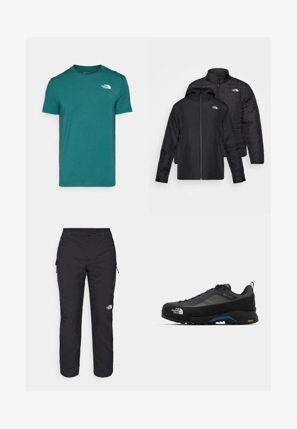 Divi melni mēteļi salikti viens uz otra: viens ir pūkains, pārklāts mētelis ar augstu apkakli; otrs ir viegls mētelis ar kapuci un rāvējslēdzēju.; Tirkīza krāsa īsām piedurknēm T-krekls, izgatavots no mīksta auduma, ar apaļu apkakli un baltu logotipu kreisajā krūtīs. Gluda tekstūra un vienkāršs dizains.; The North Face WINTER EXPLORATION TAPERED CARGO - Āra bikses - black; The North Face VERTO ALPINE GORE TEX - Pārgājienu apavi - asphalt grey/tnf black