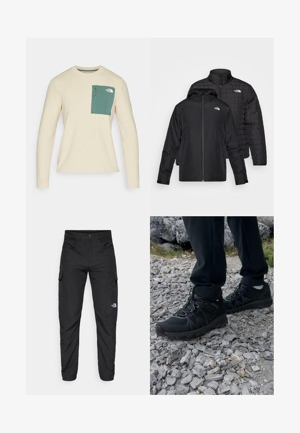 Two black jackets stacked: one is a puffy, quilted jacket with a high collar; the other is a lightweight jacket with a hood and zip closure.; Beige long-sleeve top made of textured fabric, featuring a green chest pocket with a drawstring and logo detail.; The North Face HORIZON PANT - Outdoor trousers - black; Black outdoor shoes with mesh and synthetic material, featuring a textured upper, secured lacing system, and a rugged outsole, on rocky terrain.
