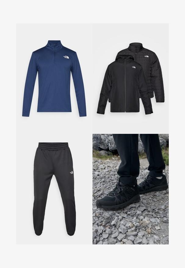 Duas jaquetas pretas empilhadas: uma é uma jaqueta acolchoada e volumosa com colarinho alto; a outra é uma jaqueta leve com capuz e fecho de zip.; Pullover azul-marinho de mangas longas com um fecho de rancho e um pequeno logo branco no peito. Tecido suave com uma textura lisa, concebido para uso ativo.; Calças de moletão pretas com cintura ajustável por cordão, corte afunilado, punhos elásticos e um pequeno logótipo branco na coxa esquerda, feitas de um tecido suave.; Sapatos pretos para exterior, feitos de material em malha e sintético, com um cabedal texturizado, sistema de atilho seguro e uma sola robusta, sobre terreno rochoso.