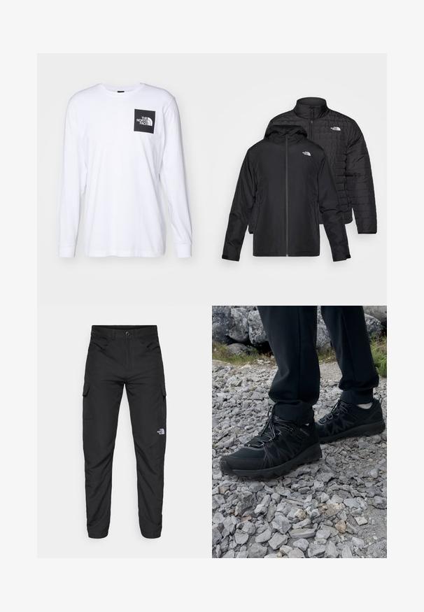 Due giacche nere impilate: una è una giacca imbottita e trapuntata con un colletto alto; l'altra è una giacca leggera con cappuccio e chiusura con zip.; Maglietta a maniche lunghe bianca con logo quadrato nero che riporta la scritta "The North Face" sul lato sinistro del petto.; The North Face HORIZON PANT - Pantaloni outdoor - black; Scarpe da esterni nere realizzate in mesh e materiale sintetico, con una parte superiore testurizzata, un sistema di allacciatura sicuro e una suola robusta, su terreno roccioso.