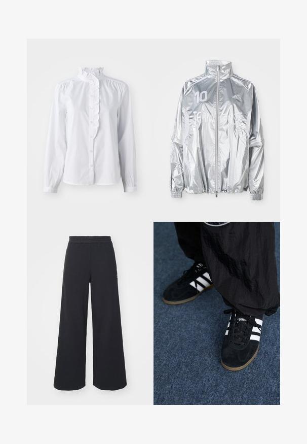 Srebrna Adidas jakna na zadrgo z visokim ovratnikom, elastičnimi manšetami, številko "10" na levem prsnem delu in napisom "TEAM GAST" spredaj.; Bela srajca z dolgimi rokavi, z nabranim visokim ovratnikom in vertikalnim nabranim okrasom spredaj. Lahka bombažna tkanina.; Črne široke trenirke iz mehkega blaga, z elastičnim pasom in majhnim logotipom na levi strani.; Črne športne superge iz nobel antilopa z tremi belimi črtami in črnimi vezalkami. Delno so vidne tudi teksturirane črne hlače ob čevljih.