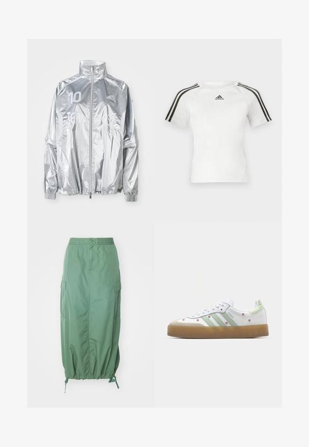 Casaco prateado da Adidas com fecho, gola alta, punhos elásticos, "10" no lado esquerdo do peito e texto "TEAM GAST" na frente.; Camiseta atlética de mangas curtas branca com um design de três riscas pretas nos ombros, textura suave e um pequeno logotipo preto da adidas no peito.; Carhartt WIP CARGO SKIRT - Saia evasé - duck green rinsed; Sapatilha branca com detalhes verdes, três riscas, bordado floral e sola de borracha. Apresenta uma biqueira arredondada e design com atacadores.