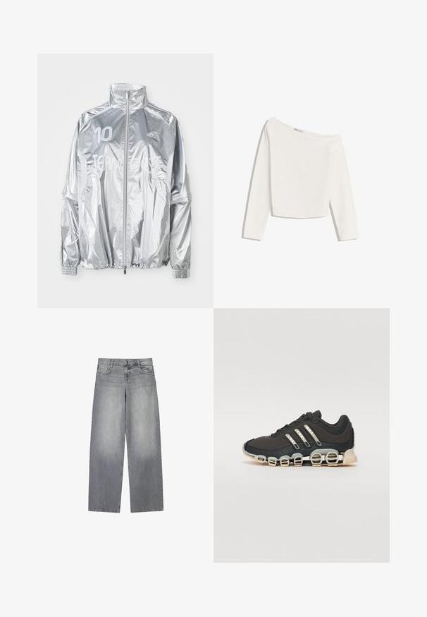 Strieborná Adidas bunda na zips s vysokým golierom, elastickými manžetami, číslom "10" na ľavom prse a textom "TEAM GAST" na prednej strane.; Biely off-shoulder top s dlhým rukávom vyrobený z mäkkej tkaniny, s krátkym strihom, rovnými okrajmi a jemnými švovými detailmi.; Široké svetlošedé džínsy z denim s mierne vyblednutým vzhľadom, so štyrmi vreckami, predným zapínaním na gombík a pútkami na opasok.; Čierna športová obuv s textúrovaným zvrškom, tromi striebornými pruhmi a charakteristickou podošvou s viacerými integrovanými sekciami.