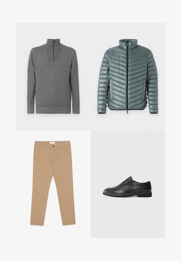 TOM TAILOR LIGHTWEIGHT JACKET - Lengva striukė - washed jasper green; Pilkos mezginės megztinis su ilgomis rankovėmis ir ketvirčio užtrauktuku aukštu apykakle, išdėstytas plokščiai ant balto fono.; Chaki chinos, pagaminti iš medvilnės mišinio, su lygia priekiu, dviem šoninėms kišenėms ir viena nugarine kišene. Lengvas audinys su lygia tekstūra.; Juodai odiniai įtvirtinimo batai su lygiu paviršiumi, siuvinėjimo akcentais, apvalia nosimi ir žemu guminiu kulnu. Pado raštas minimalus.