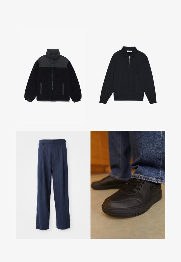Čierna fleecová bunda s vysokým golierom, plným predným zipsom, dvomi bočnými vreckami a nylonovými panelmi na pleciach a hornej časti hrudníka.; Pier One Mikina - black; Námornícky modré pruhované nohavice vyrobené z textúrovanej tkaniny; majú zapínanie na gombík, bočné vrecká a uvoľnený strih.; Čierne tenisky s hladkým syntetickým materiálom. Obsahujú šnurovanie a textúrované detaily na hornej časti. Gumená podrážka s dezénom.