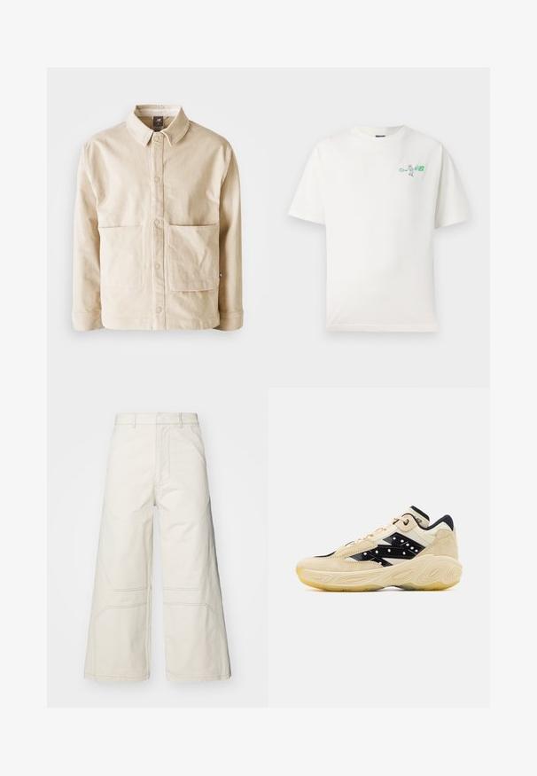 Bežist korduuri jope, millel on krae, ees nööbid ja kaks suurt esikot, asetatud lamedalt valgel taustal.; Valge puuvillane t-särk ümmarguse kaelusega, lühikeste varrukatega ja rohelise graafikaga tennise mängijast vasakul rinnapiiril. Pehme tekstuur.; A-COLD-WALL* FORMAT PANT - Püksid - beige bone; Beežid ja mustad tossud sueded ülemise osaga, millel on sile must külgpaneel valgete täppidega ja tekstureeritud kummitald.
