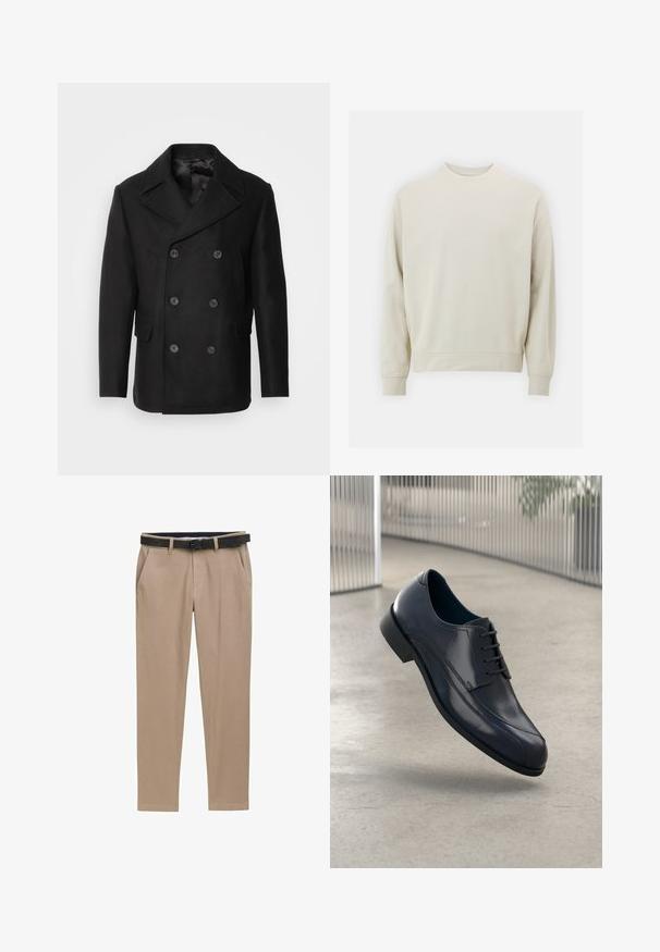 Isaac Dewhirst NEW SHORT PEACOAT SIDE ENTRY - Veste mi-saison - black; Sweatshirt beige clair en tissu doux avec un col rond, des manches longues et des poignets et un ourlet côtelés. Design minimaliste, sans motifs visibles.; TOM TAILOR TRAVELER - Chino - beige zig zag structure; Souliers habillés en cuir noir brillant avec des lacets, flottant au-dessus d'un sol lisse gris clair et de barres métalliques verticales en arrière-plan.