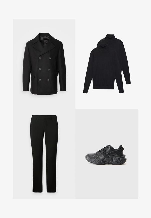 Isaac Dewhirst NEW SHORT PEACOAT SIDE ENTRY - Casaco leve - black; Dois suéteres de gola alta pretos de manga longa, malha simples, empilhados com um ligeiramente atrás do outro sobre um fundo branco.; Calças pretas com um corte ajustado, apresentando uma textura suave e um design de perna reta. A cintura possui passantes para cinto e um acabamento limpo.; Sapatilha preta chunky com sola em padrão de onda, atacadores e laço na parte de trás, exibida contra um fundo branco liso.