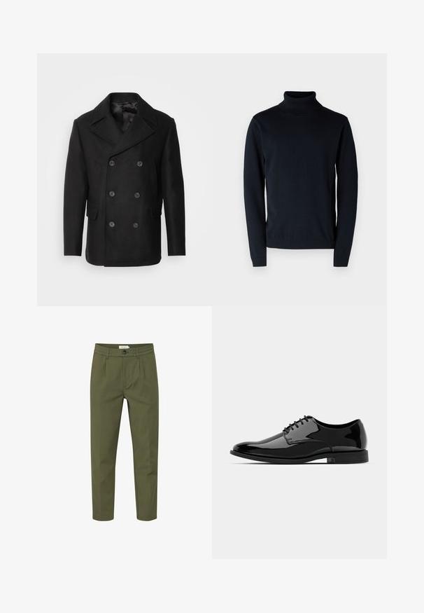 Isaac Dewhirst NEW SHORT PEACOAT SIDE ENTRY - Veste mi-saison - black; Pull-over en grosse maille marine foncé en tissu doux et extensible. Caractéristiques : manches longues et poignets et ourlet côtelés. Design simple et épuré.; Pantalons vert olive en tissu lisse, avec fermeture à bouton, devant plissé et jambes fuselées. Pas de poches visibles.; Chaussure de dress en cuir verni noir avec un bout arrondi, un design à lacets et une surface lisse et brillante. Dispose d'une semelle en caoutchouc discrète.