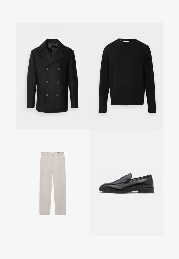 Isaac Dewhirst NEW SHORT PEACOAT SIDE ENTRY - Jachetă subțire - black; Pulover negru din tricot, cu guler rotund, mâneci lungi și o croială lejeră. Textură netedă, design minimalist, fără modele sau embellismente.; Pantaloni bej deschis din țesătură moale, cu croială dreaptă, dotati cu două buzunare laterale și închidere cu buton în față. Textură ușoară și netedă.; Pantofofi din piele neagră cu un finisaj neted, având vârful rotunjit și o bandă îngustă pe partea superioară. Toc mic, stratificat.