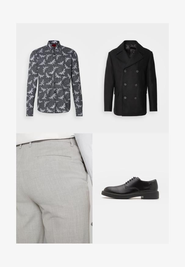 Isaac Dewhirst NEW SHORT PEACOAT SIDE ENTRY - Kerge jope - black; Musthave muströid ja pehmest materjalist must turtleneck, millel on pikad varrukad ja tihe istuvus. Ribaga ääris allservas ja vöökohal. Lihtne disain.; Mustvalgus must-valge särk, millel on vertikaalsed triibud ja linnulaadne mustr, varustatud punktkrae ja pikkade varrukatega.; Pikkade varrukatega heledashall polo särk, mis on valmistatud pehmest kangast. Särgil on kolm nuppu, ribiga mansetid ja klassikaline kraedesign.; Heledat hallid kohandatud püksid tekstuurse kangaga, millel on üks tagatasku ja puhas õmblus.; Must beemel levalis kingad ümarate varvastega, sileda pinnaga, minimaalsete õmblustega ja madala kummist kontsaga. Logo kontsa peal.