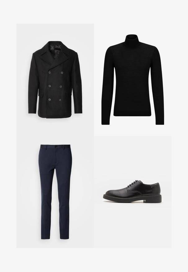 Isaac Dewhirst NEW SHORT PEACOAT SIDE ENTRY - Allvädersjacka - black; Svart polotröja gjord av mjukt material, med långa ärmar och en åtsittande passform. Ribbat avslut vid fåll och ärmslut. Enkelt mönster.; Marina byxor tillverkade av ett mjukt, stretchigt tyg. Har en dragkedja, en knappstängning och smala, avsmalnande ben.; Svart läder snörsko med rund tå, slät yta, minimal söm och låg gummihäl. Logotyp på hälen.