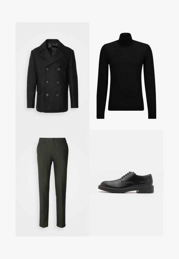 Isaac Dewhirst NEW SHORT PEACOAT SIDE ENTRY - Mezisezónní bunda - black; Černý rolák vyrobený z měkkého materiálu, s dlouhými rukávy a těsným střihem. Hladký lem na spodním okraji a manžetách. Jednoduchý design.; Les Deux COMO PANTS SEASONAL - Chino kalhoty - deep forest/charcoal; Černé kožené šněrovací boty s kulatou špičkou, hladkým povrchem, minimálním prošíváním a nízkým gumovým podpatkem. Logo na patě.