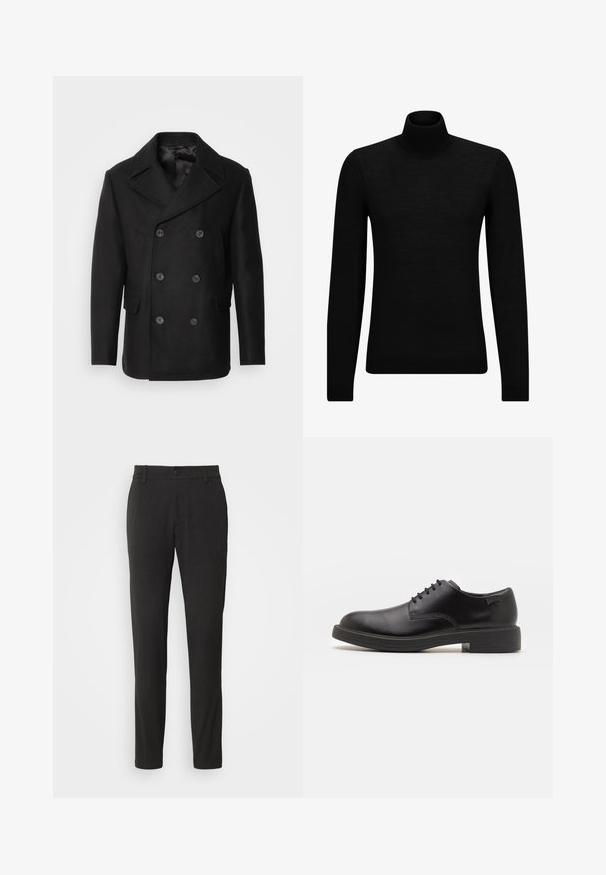 Isaac Dewhirst NEW SHORT PEACOAT SIDE ENTRY - Übergangsjacke - black; Schwarzer Rollkragenpullover aus weichem Material mit langen Ärmeln und enger Passform. Rippbesatz am Saum und an den Bündchen. Einfaches Design.; Schwarze, maßgeschneiderte Hose aus glattem, strukturiertem Stoff. Merkmale sind ein Knopfverschluss, Gürtelschlaufen und ein gerades Bein.; Schwarzer Leder-Schnürschuh mit abgerundetem Zeh, glatter Textur, minimaler Naht und niedrigem Gummiabsatz. Logo auf der Ferse.