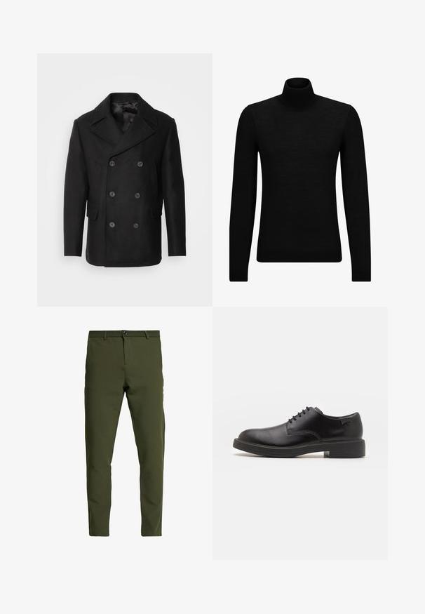 Isaac Dewhirst NEW SHORT PEACOAT SIDE ENTRY - Veste mi-saison - black; Pull à col roulé noir en matériau doux, avec des manches longues et une coupe ajustée. Finition côtelée au bas et aux poignets. Design simple.; Pantalon vert olive à coupe slim, fabriqué à partir d'un tissu lisse et durable. Il dispose d'une fermeture éclair, d'un bouton de fermeture et de poches standard.; Chaussure noire en cuir à lacets avec un embout arrondi, texture lisse, piqures minimales et un petit talon en caoutchouc. Logo sur le talon.