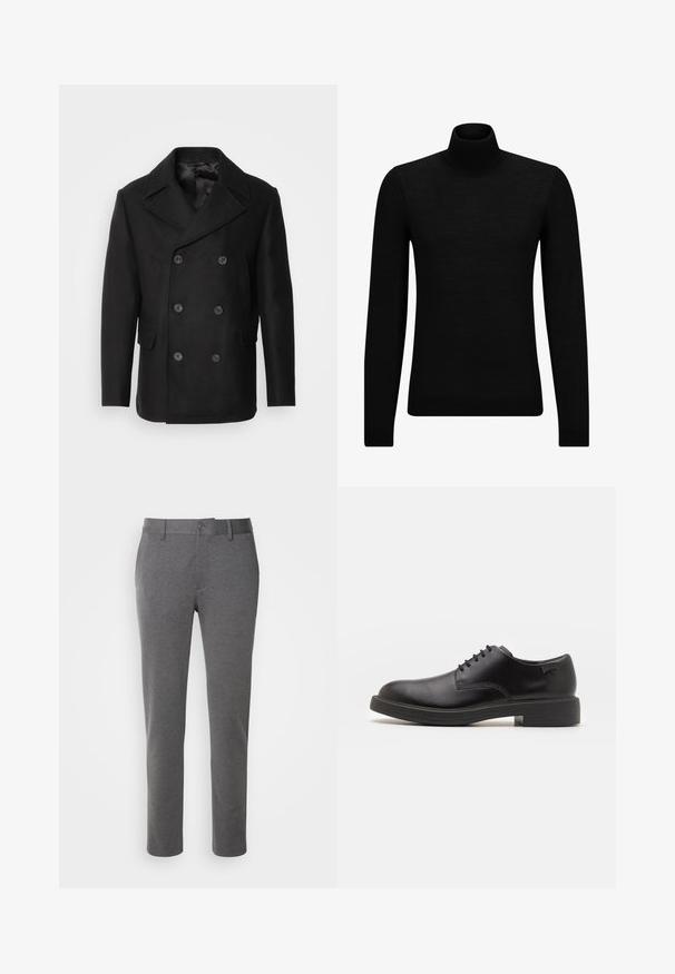 Isaac Dewhirst NEW SHORT PEACOAT SIDE ENTRY - Allvädersjacka - black; Svart polotröja gjord av mjukt material, med långa ärmar och en åtsittande passform. Ribbat avslut vid fåll och ärmslut. Enkelt mönster.; Grå skräddarsydda byxor i mjukt tyg med en slät textur, framfickor och en enda knappstängning i midjan.; Svart läder snörsko med rund tå, slät yta, minimal söm och låg gummihäl. Logotyp på hälen.